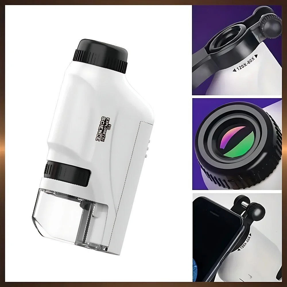 Microscopio de mano de laboratorio 60-120x, a batería, con luz LED, para niños, de bolsillo, portátil, minimicroscopio de juguete.