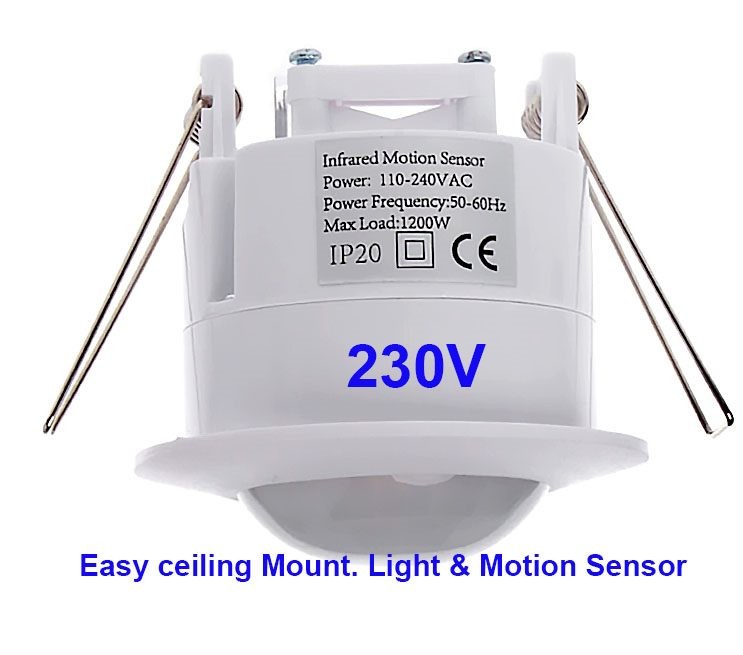 Sensor PIR de luz y movimiento de 230 V. Montaje sencillo en techo. 5-600 segundos. Modelo mejorado.
