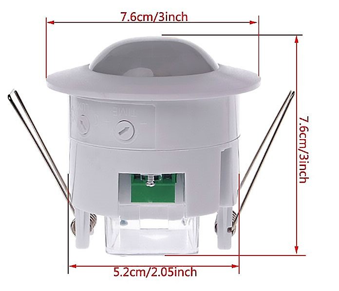 Sensor PIR de luz y movimiento de 230 V. Montaje sencillo en techo. 5-600 segundos. Modelo mejorado.