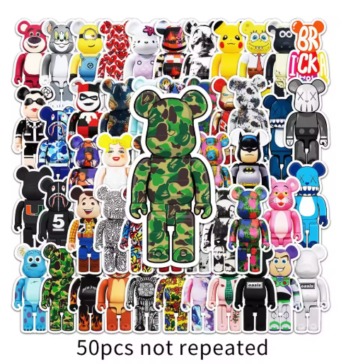 50 pegatinas de grafiti de Bearbrick de dibujos animados para maleta, guitarra, coche, ordenador, impermeables de PVC.