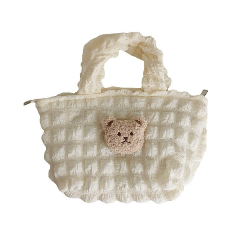 Bolso de mano a cuadros con cabeza de oso de peluche tridimensional