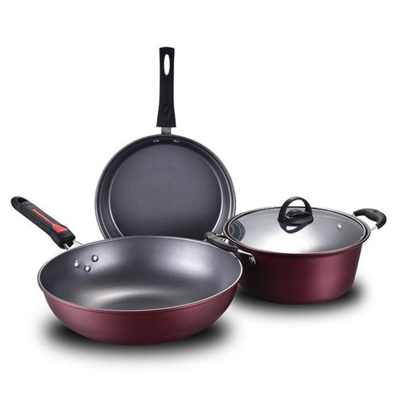 Venta directa de fábrica: juego de utensilios de cocina Hao Li de tres piezas, sartén antiadherente, wok, olla para sopa, sartén, juego de regalo al por mayor.
