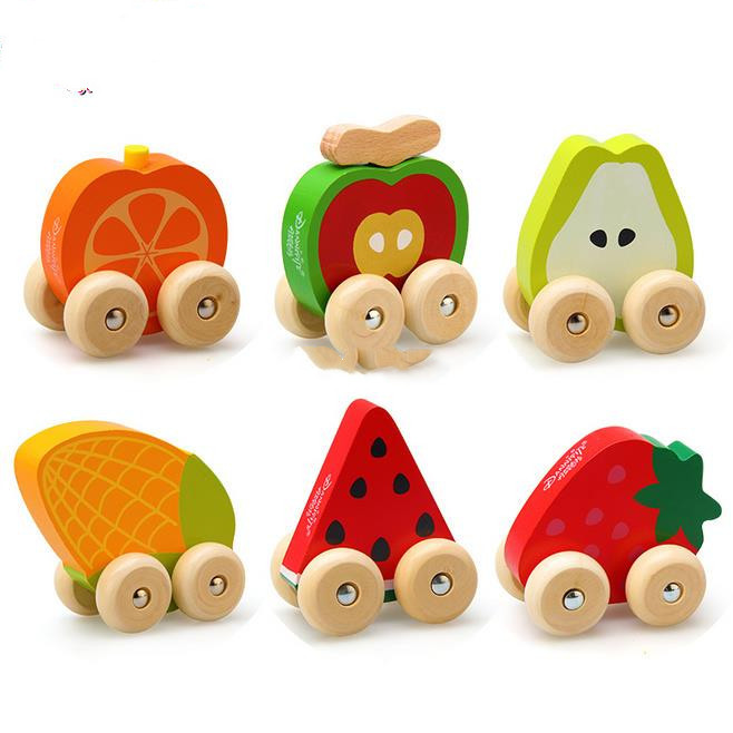 Juguetes para bebés de madera con forma de fruta, coche cognitivo, mini coche