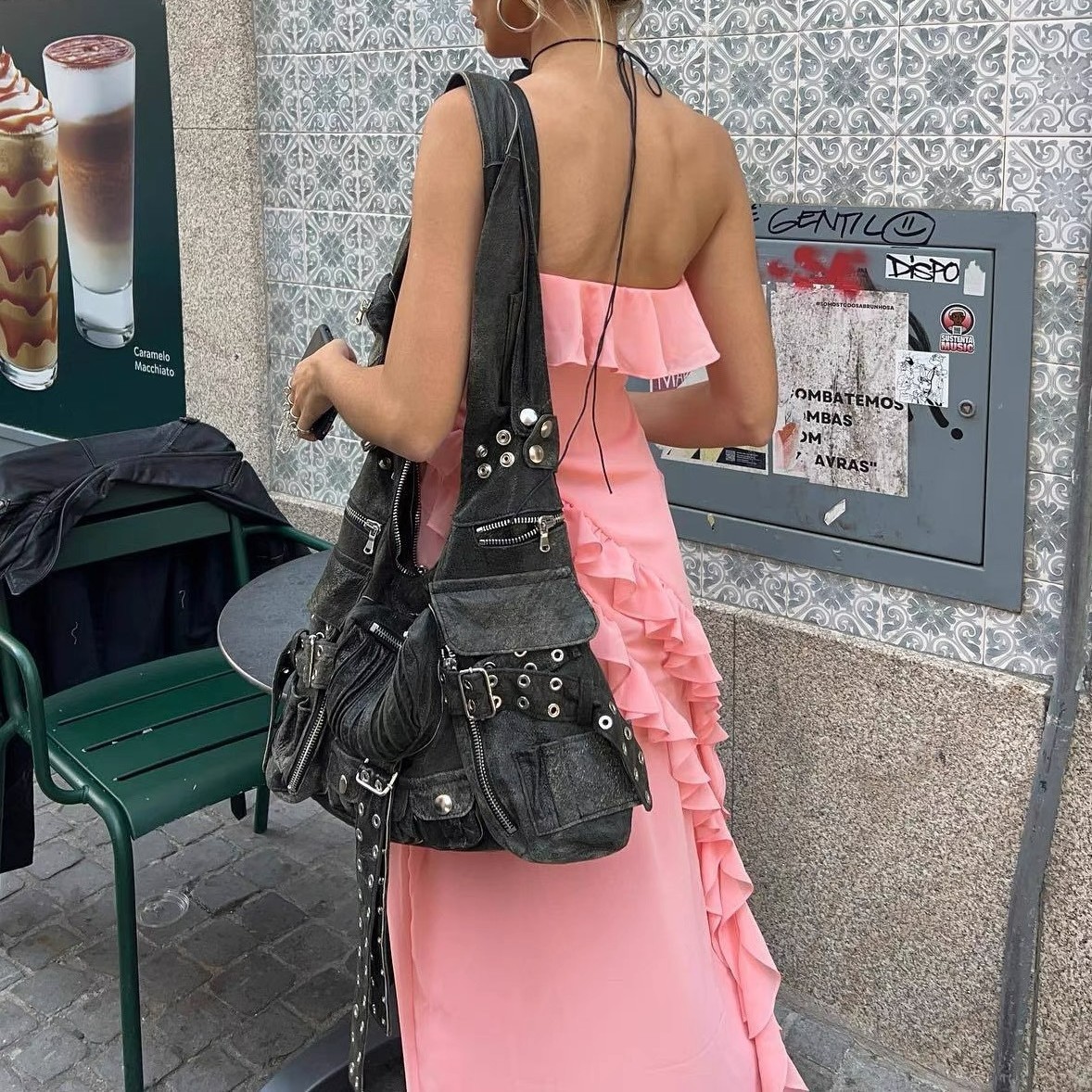 Bolso bandolera de moda con múltiples bolsillos, ancho y nudo, color oscuro