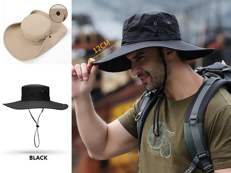 Sombrero negro para el sol, ala de 12 cm, para pesca al aire libre, senderismo, protección UV.