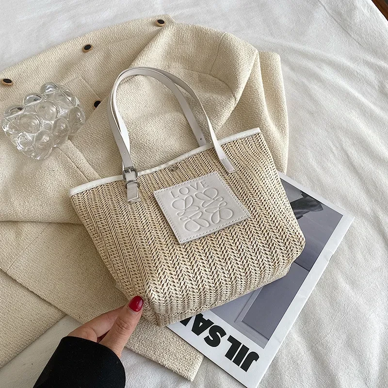 Bolso de hombro portátil para mujer de gran capacidad tejido de paja de primavera