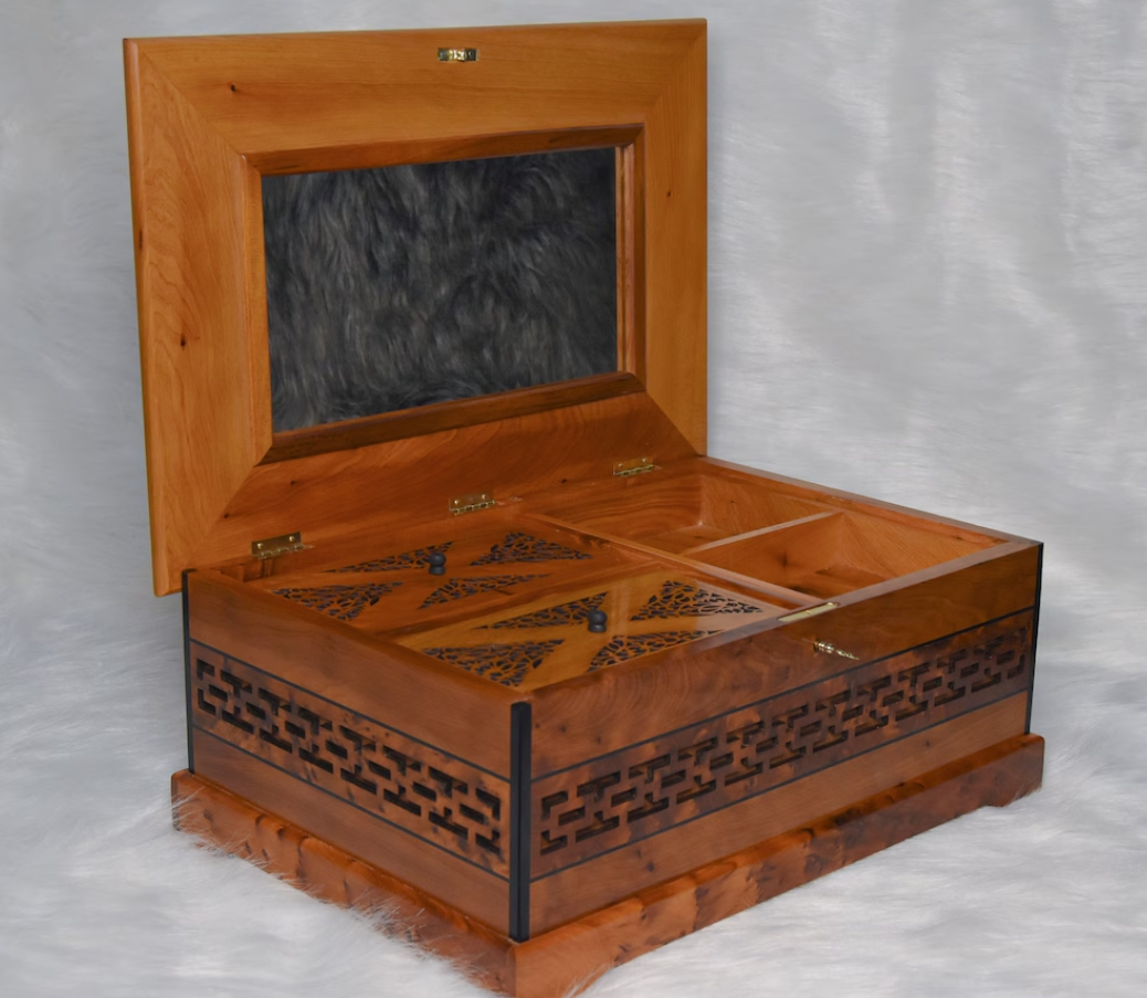 Joyero de madera nudosa de alta calidad de 15 x 10 pulgadas, con espejo en la tapa, caja Thuya con cerradura y llave, caja decorativa, caja de recuerdos, ideal para regalar en Navidad.