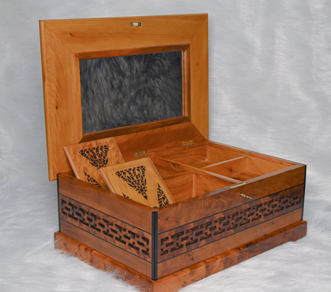 Joyero de madera nudosa de alta calidad de 15 x 10 pulgadas, con espejo en la tapa, caja Thuya con cerradura y llave, caja decorativa, caja de recuerdos, ideal para regalar en Navidad.