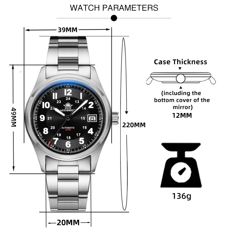Reloj automático de lujo para hombre ADDIESDIVE AD2048