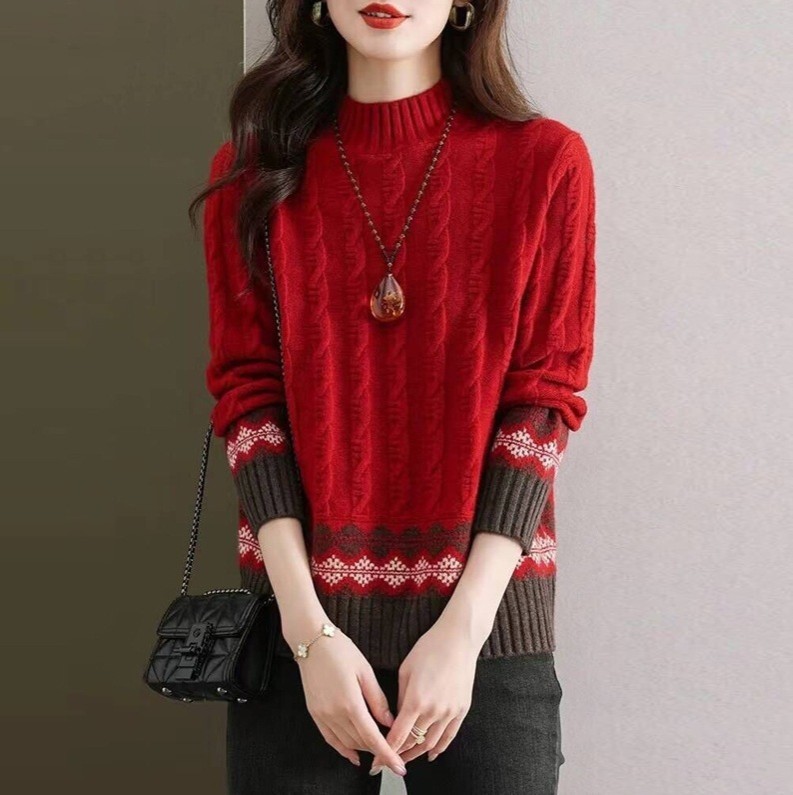 Suéter de mujer otoño e invierno nuevo cuello alto medio giro camisa de color a juego