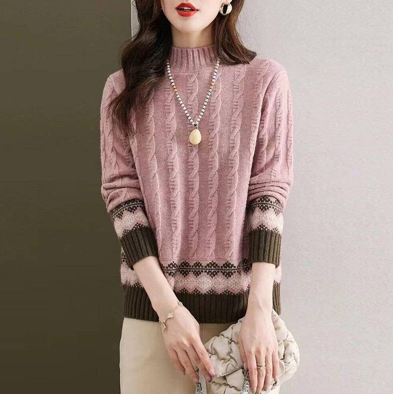Suéter de mujer otoño e invierno nuevo cuello alto medio giro camisa de color a juego