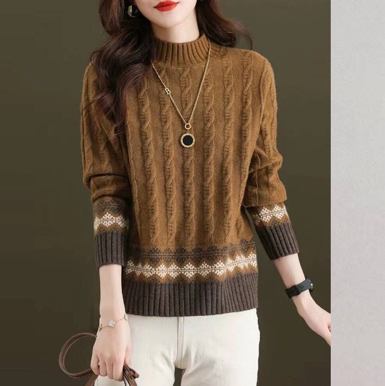 Suéter de mujer otoño e invierno nuevo cuello alto medio giro camisa de color a juego