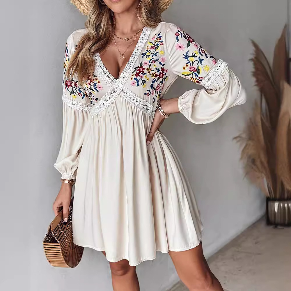 Falda informal con cuello en V bordada para mujer