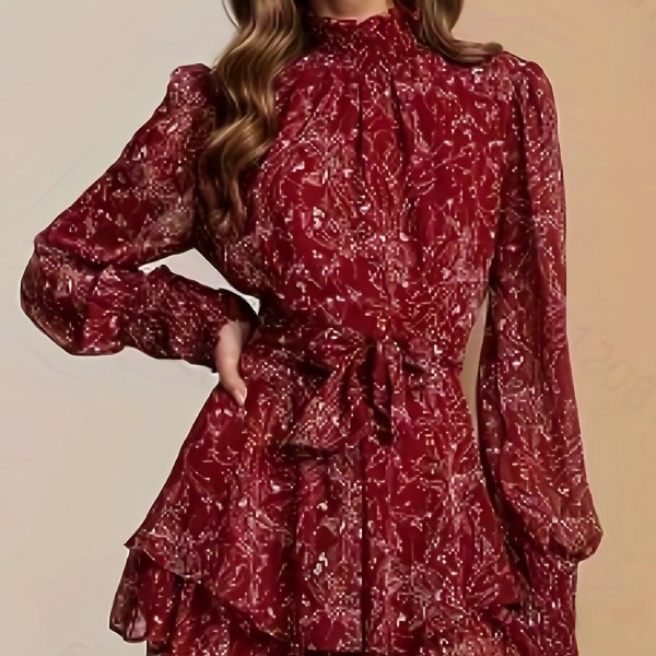 Vestido de manga larga con cinturón a juego y cintura alta
