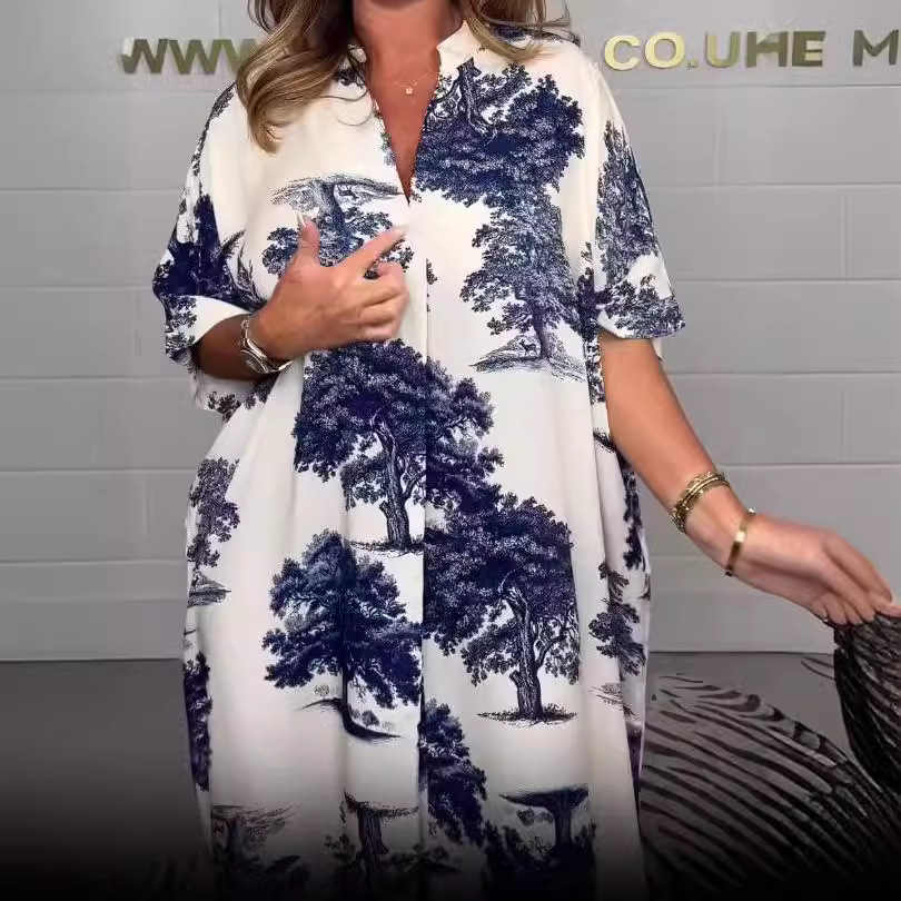 Vestido holgado con cuello en V y estampado digital para mujer