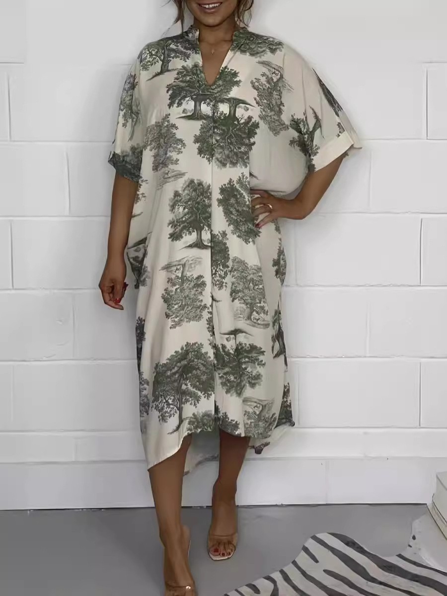 Vestido holgado con cuello en V y estampado digital para mujer