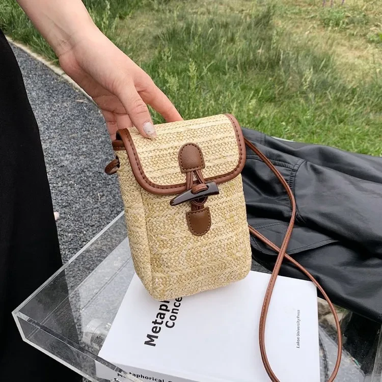 Bolso bandolera informal sencillo de paja para teléfono para mujer