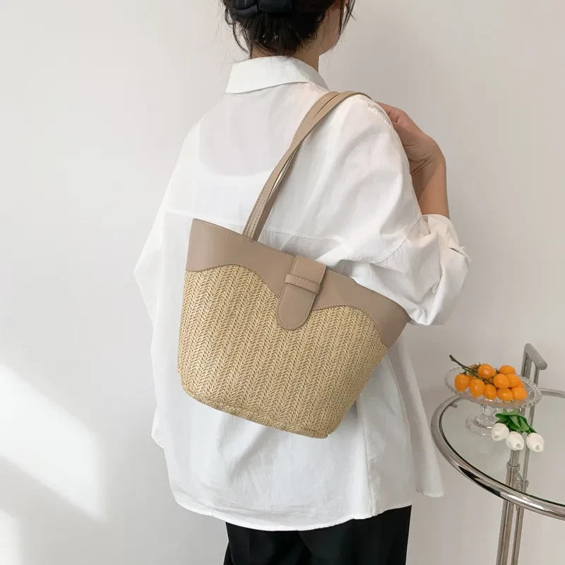 Bolso de mano de patchwork tejido de gran capacidad para mujer