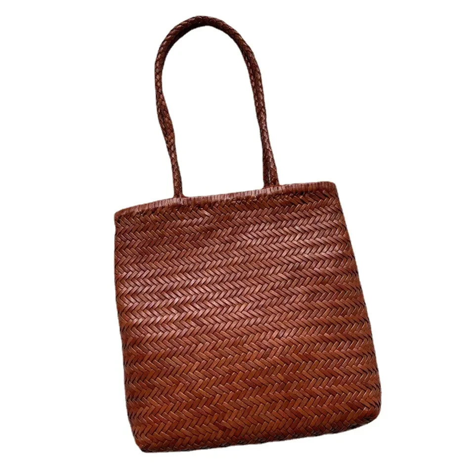 Bolso de hombro tejido vintage de piel de vaca de primera capa hecho a mano