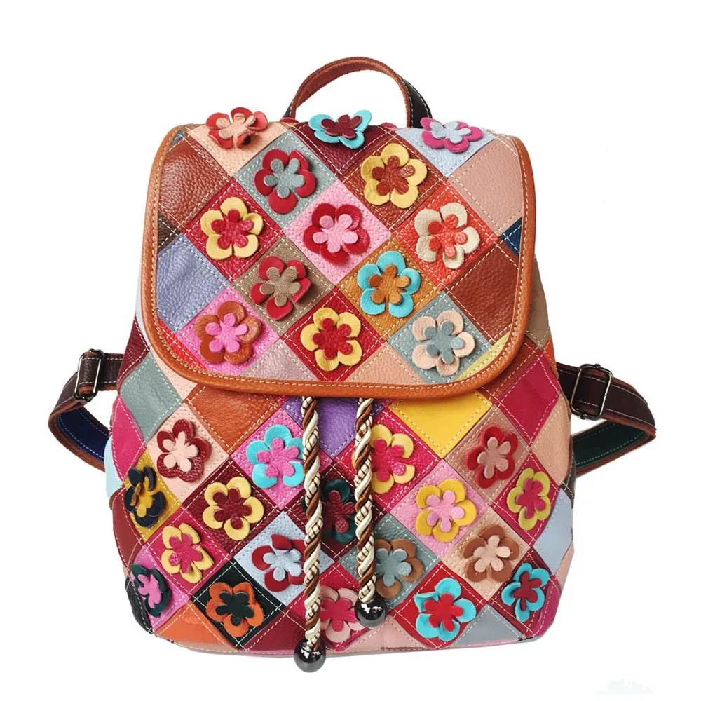 Mochila de cuero estilo retro con rombos y costuras para mujer