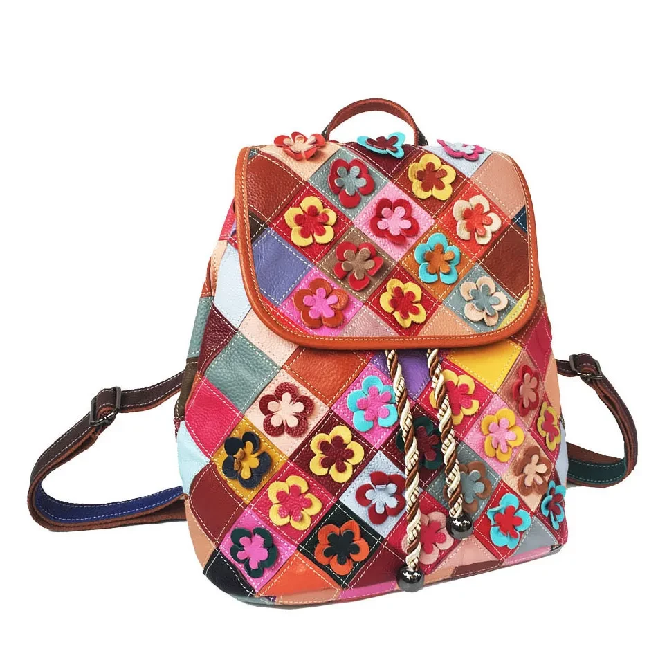Mochila de cuero estilo retro con rombos y costuras para mujer