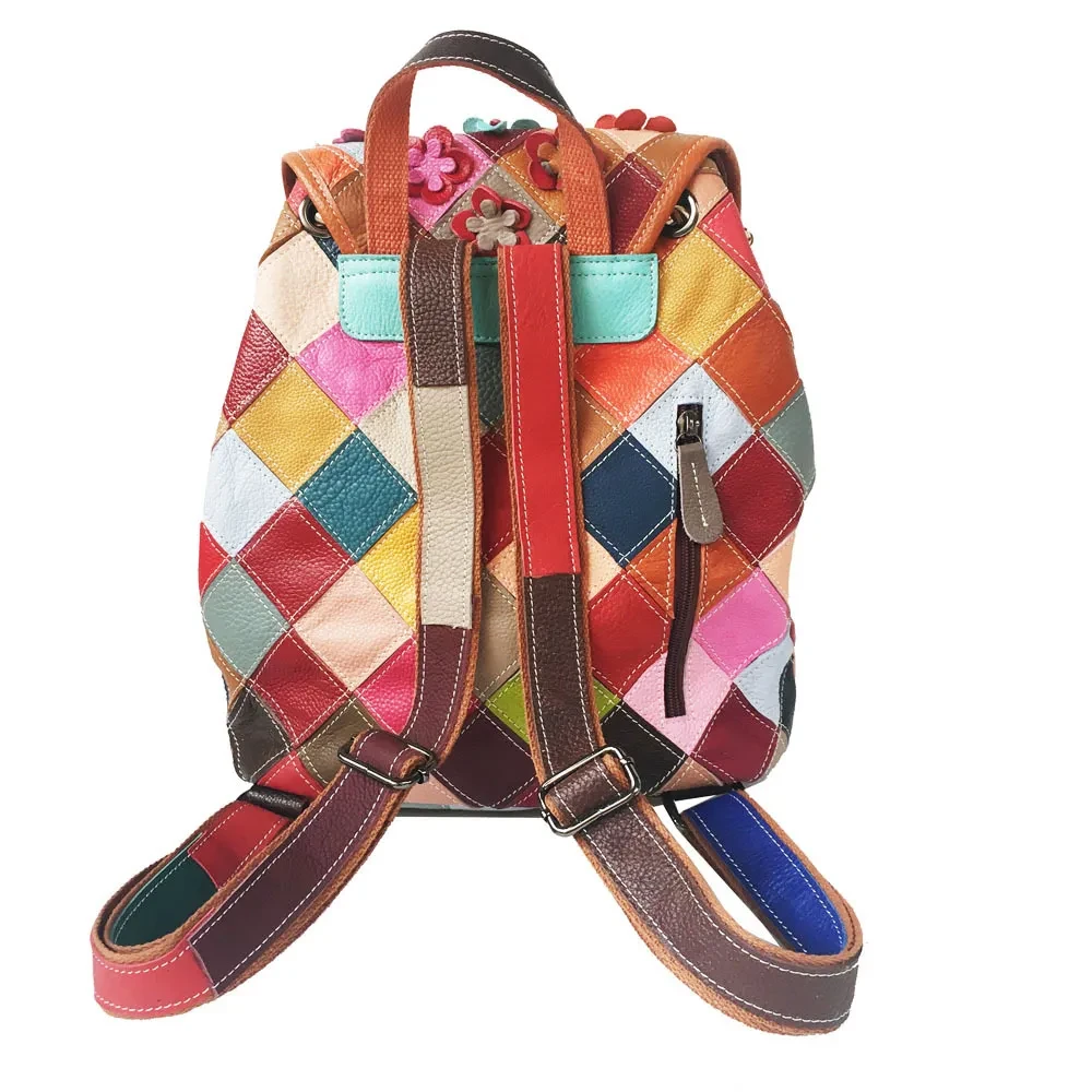 Mochila de cuero estilo retro con rombos y costuras para mujer