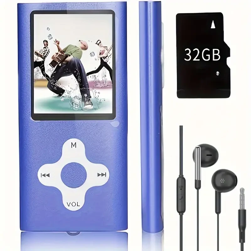 Reproductor portátil de música y vídeo con 32 GB de memoria interna, incluye auriculares y cable de datos, ideal para actividades al aire libre y viajes. Ofrece reproducción de música, visualización de imágenes, radio FM, grabación, libros electrónicos y