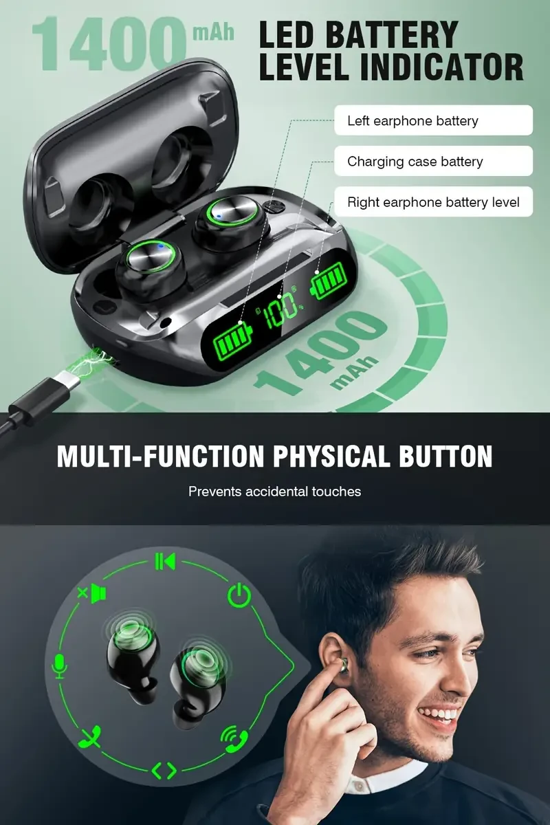 Auriculares inalámbricos V5.3 con estuche de carga, 200 horas de reproducción, IPX7, impermeables, intraaurales, ligeros, para teléfonos y portátiles.