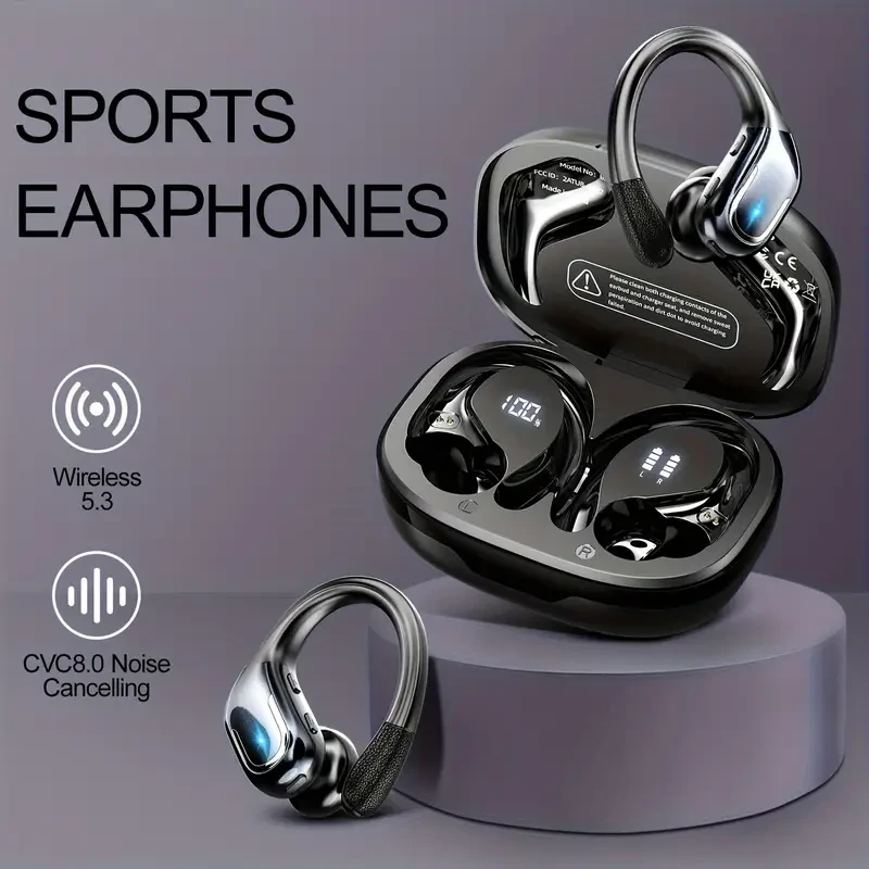 Nuevos auriculares inalámbricos LIFEBEE para correr, con ganchos para la oreja y graves puros, supraaurales con pantalla LED dual, micrófono integrado y cancelación de ruido ENC.