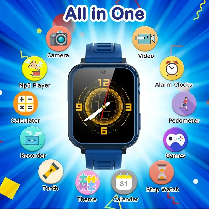 [1 reloj inteligente para niños con música y cámara] Reloj inteligente para niños, regalo educativo con música, video, cámara, luz LED, 24 juegos de ingenio, pantalla táctil HD, modos deportivos, varios colores, con carga USB, batería recargable de 400 mA