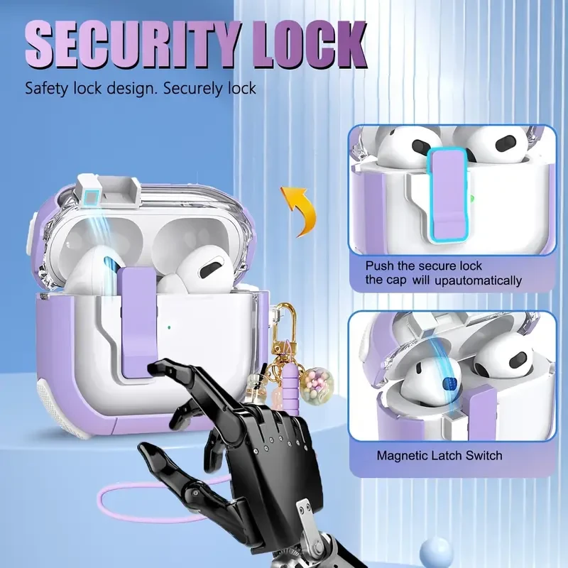 Estuche de TPU con cierre de seguridad compatible con Apple Airpods 4 y 3 Pro, cierre magnético automático para Switch, estuche protector transparente con llavero y cordón de caramelos de moda para Airpods 1, 2 y Pro2, estuche protector con mosquetón con 
