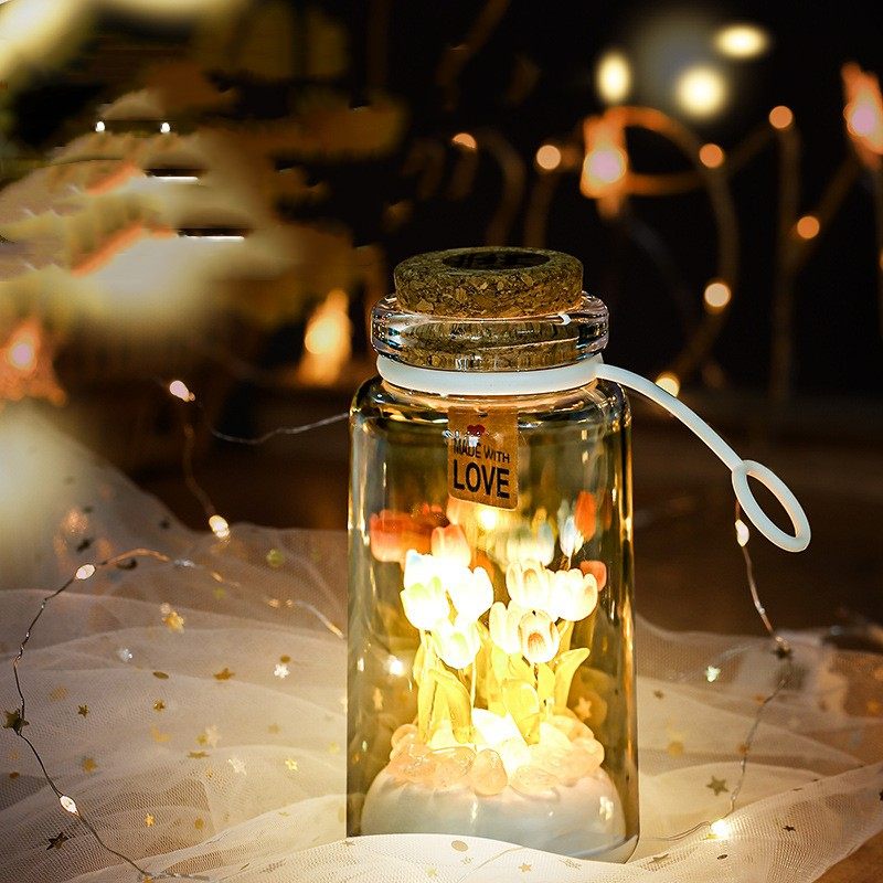 Regalo romántico portátil con cabecero, lámpara para dormir, tulipán, botella de los deseos