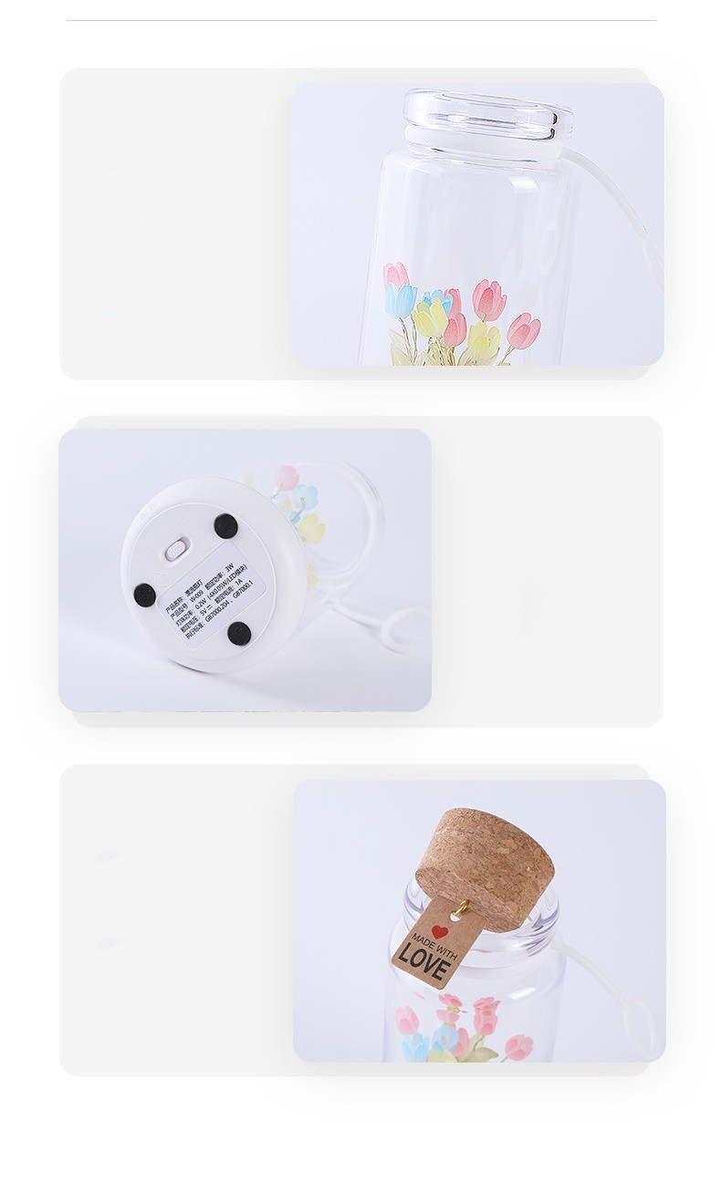 Regalo romántico portátil con cabecero, lámpara para dormir, tulipán, botella de los deseos