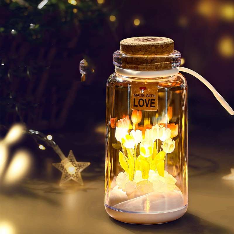 Regalo romántico portátil con cabecero, lámpara para dormir, tulipán, botella de los deseos