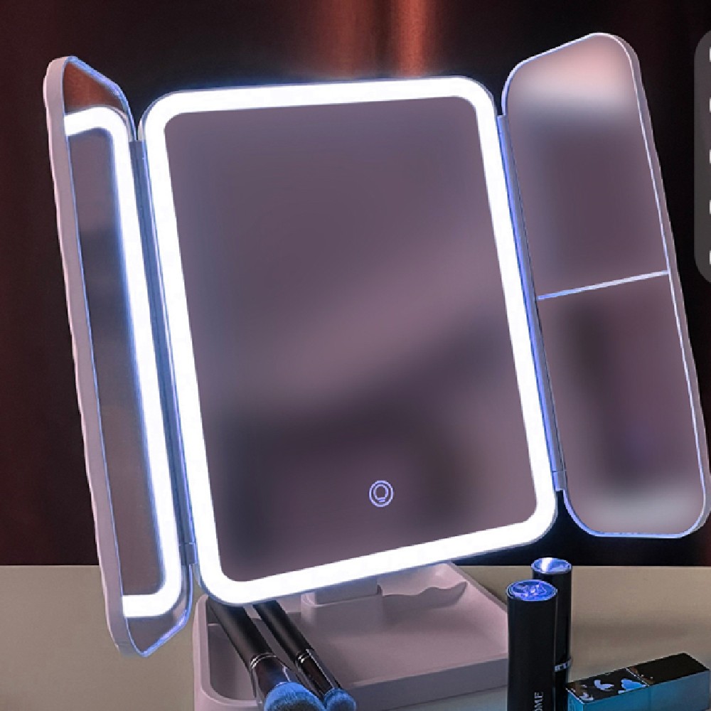 Espejo de tocador plegable con compensación de luz LED y lámpara de mesa