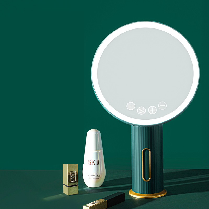 Espejo de tocador plegable con compensación de luz LED y lámpara de mesa