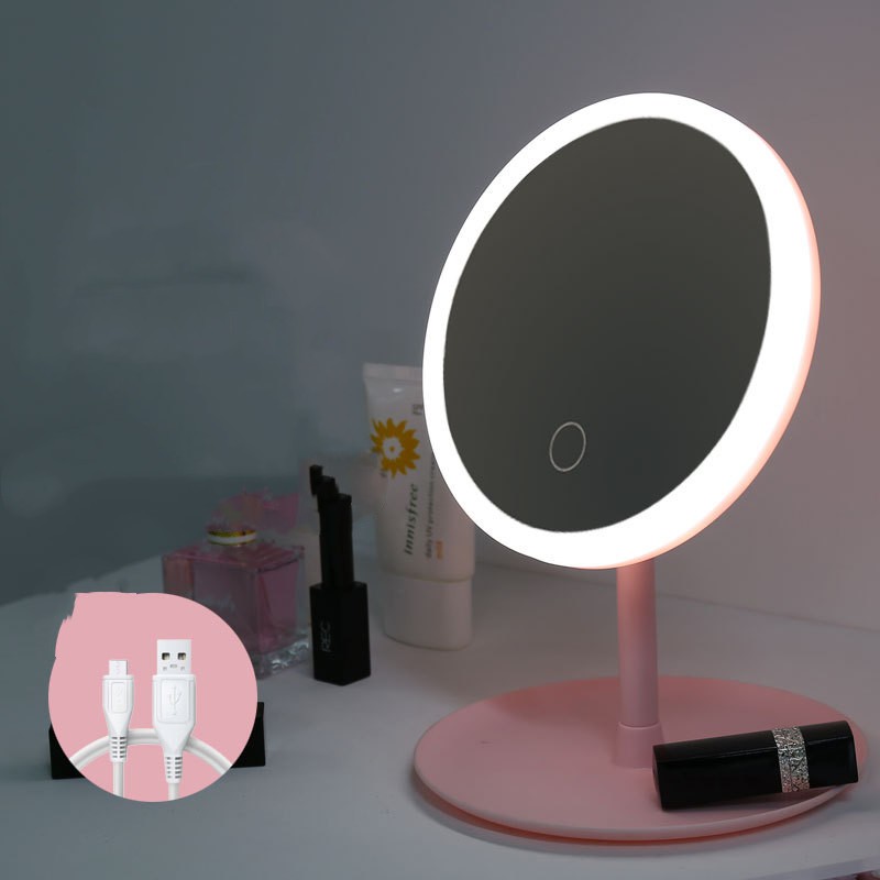 Espejo de tocador plegable con compensación de luz LED y lámpara de mesa