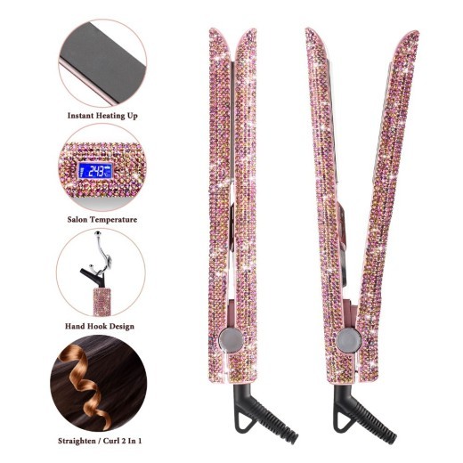 Plancha de pelo profesional con brillantina y placa de titanio con diamantes, herramientas de calor para peinar el cabello con cristales.