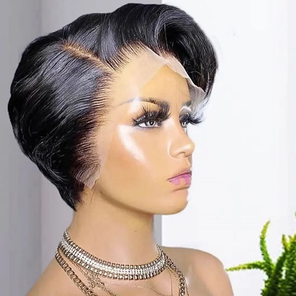 Peluca de cabello humano con encaje y corte pixie de moda