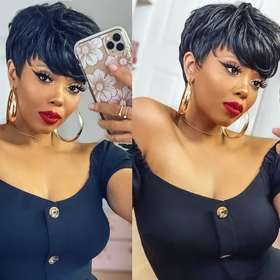 Pelucas de cabello humano con corte pixie corto y ondulado, hechas a máquina