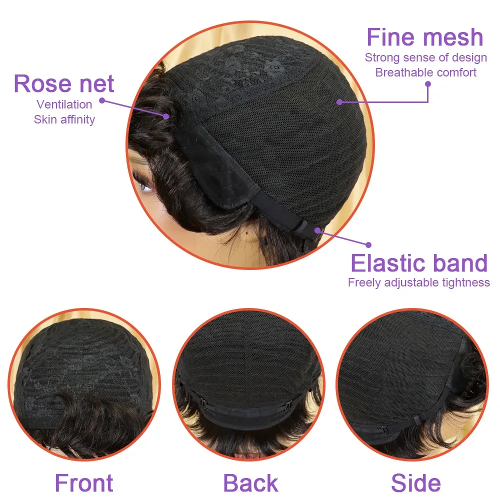 Pelucas de cabello humano con corte pixie corto y ondulado, hechas a máquina