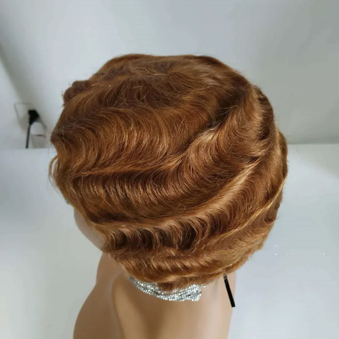 Peluca de cabello humano Remy con ondas en los dedos y corte Pixie Bob corto