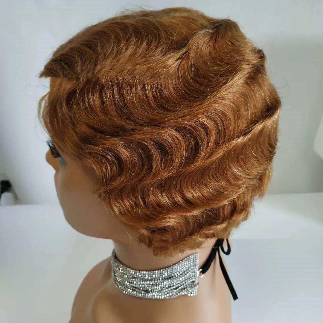 Peluca de cabello humano Remy con ondas en los dedos y corte Pixie Bob corto