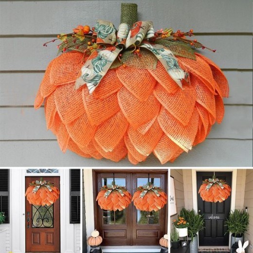 Decoración de puerta de entrada con corona de calabaza para el hogar