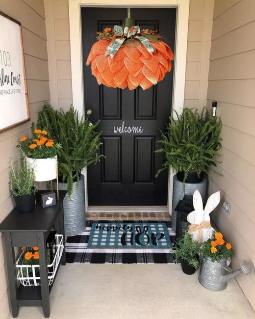 Decoración de puerta de entrada con corona de calabaza para el hogar
