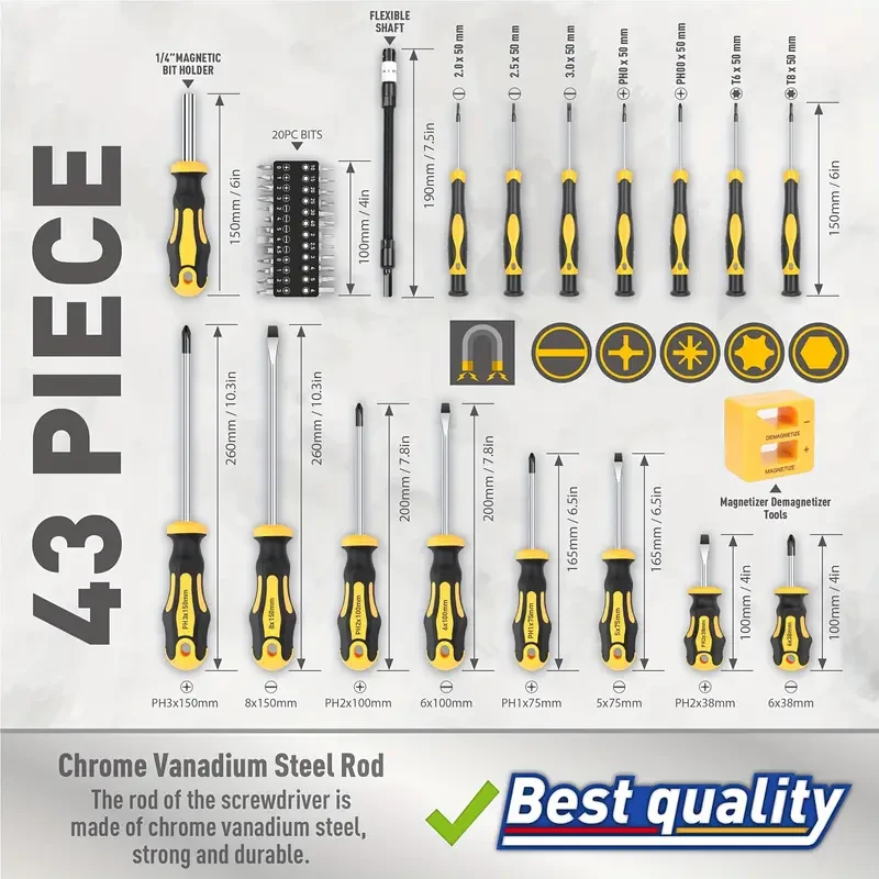 Juego de destornilladores profesionales de 43 piezas con portapuntas magnético - Acero al cromo vanadio, incluye puntas ranuradas, Phillips, hexagonales, Torx y herramientas de precisión - Kit de reparación duradero para bricolaje e industria
