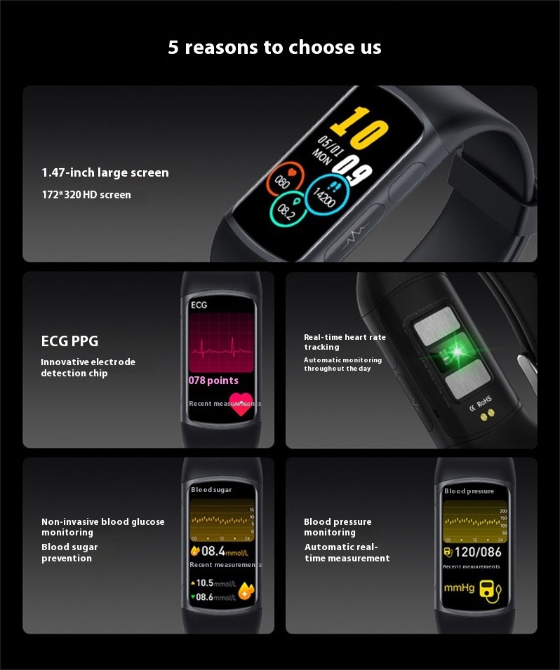 Pulsera inteligente no invasiva, glucosa en sangre, frecuencia cardíaca, oxígeno en sangre, ECG, monitoreo de salud
