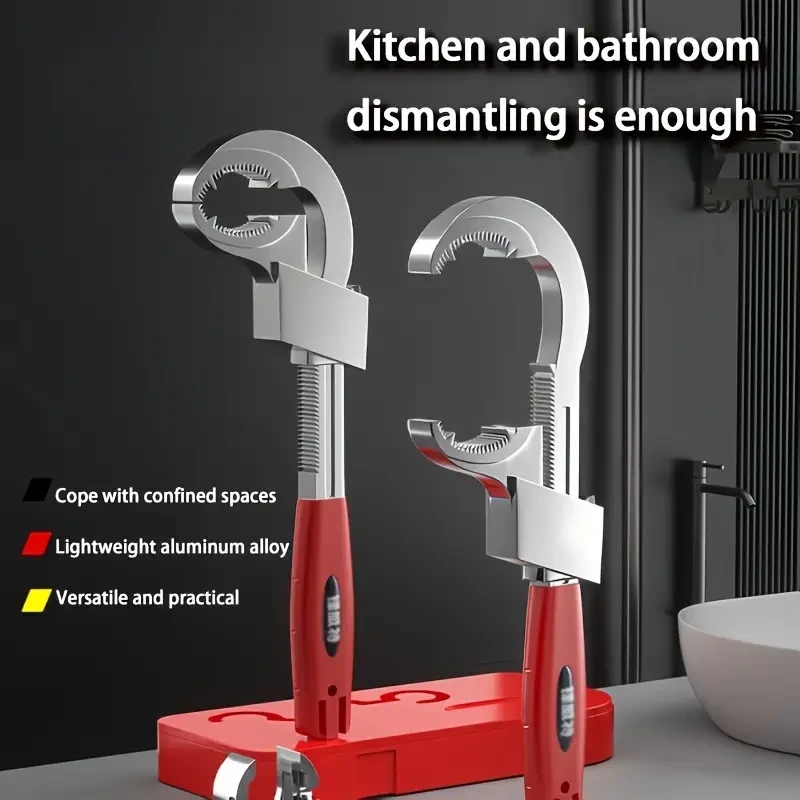 Llave inglesa ajustable para tuberías de agua, herramienta multifuncional de fontanería, llave de gran capacidad para reparaciones de baños, mantenimiento del hogar y trabajos de automoción, ajuste de 6 velocidades, funcionamiento mecánico, material metál
