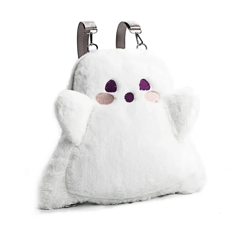Mochila de peluche con cara de fantasma blanca de dibujos animados