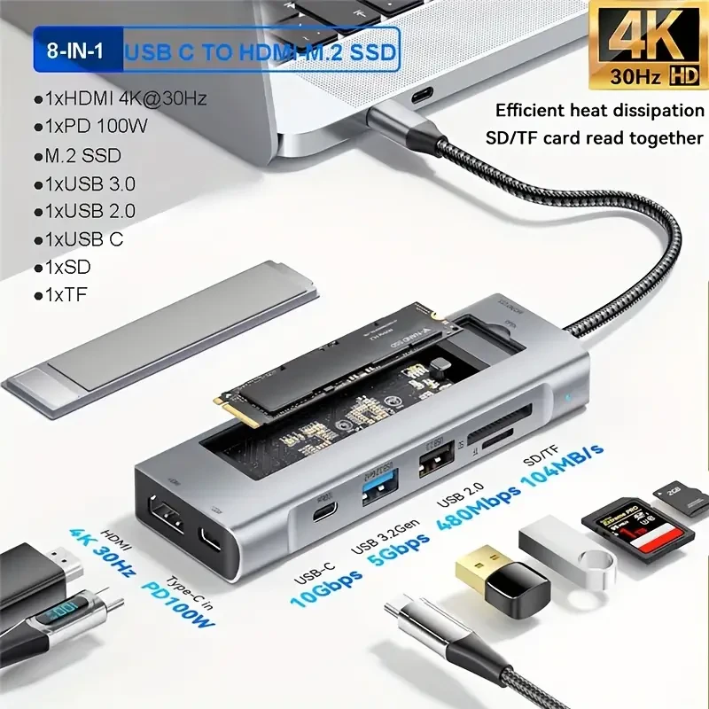 Estación de acoplamiento SSD NVME con concentrador USB C 8 en 1